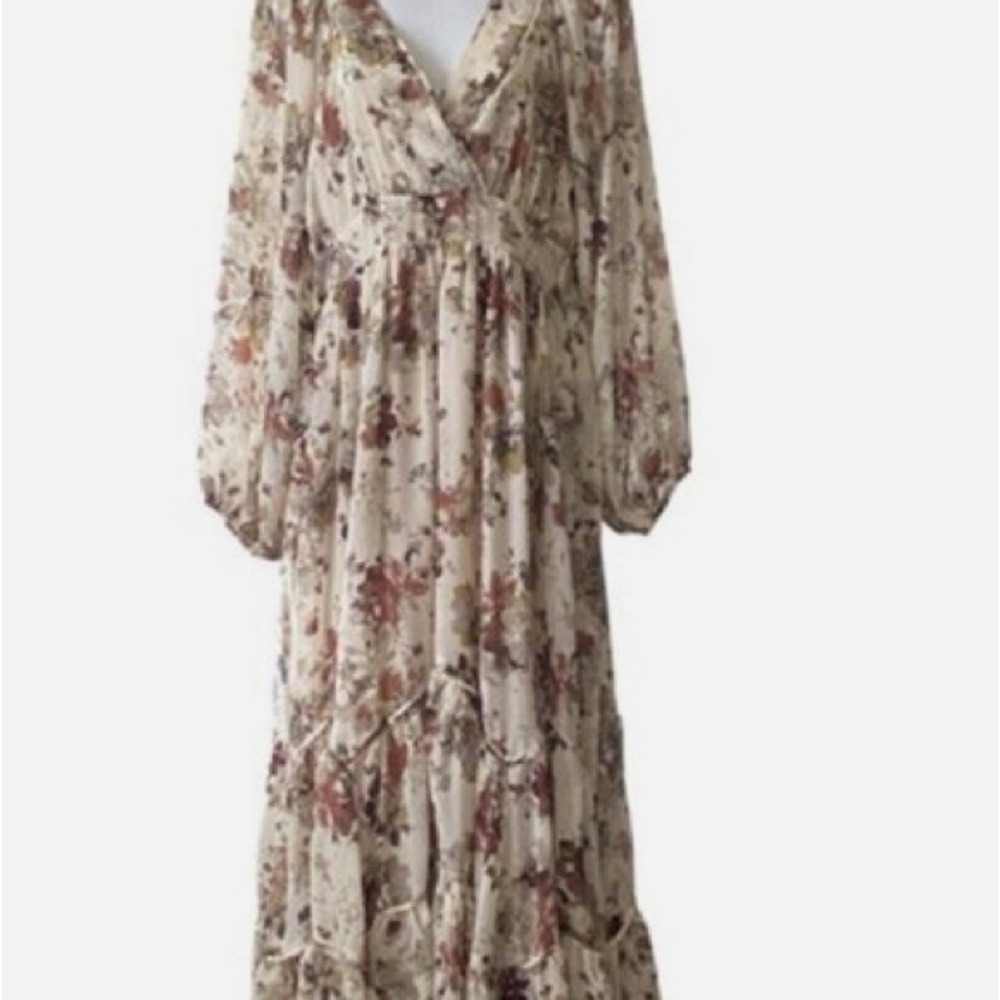 Storia Cream and Brown V-Neck Long Sleeve Sundress